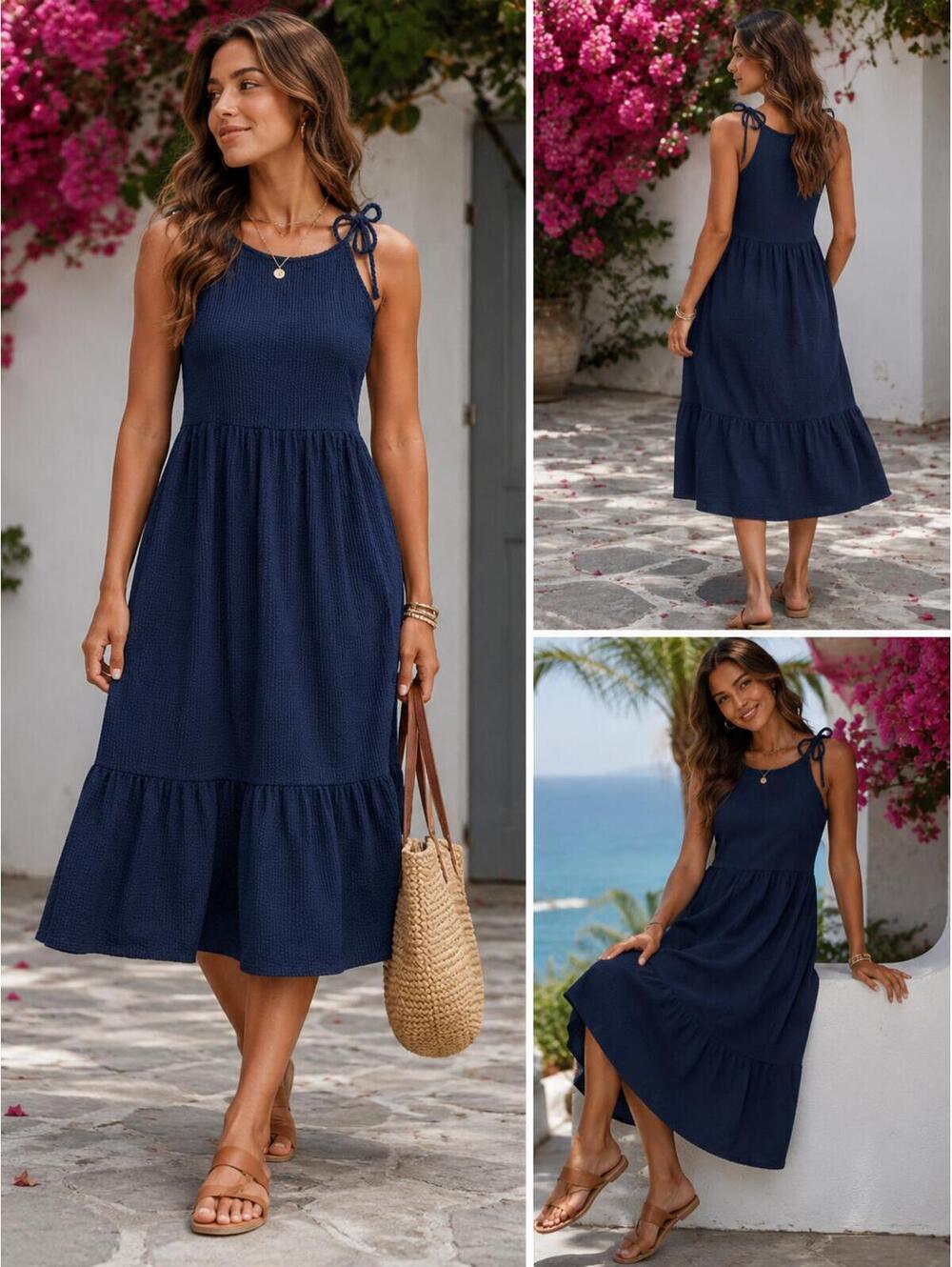 Green Envelope Los Angeles Navy Textured Tie Strap Midi Dress M